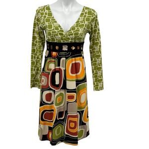 Joyous & Free Mod Retro Dress S Women's Geometric Print 70s Funky Boho Earthy